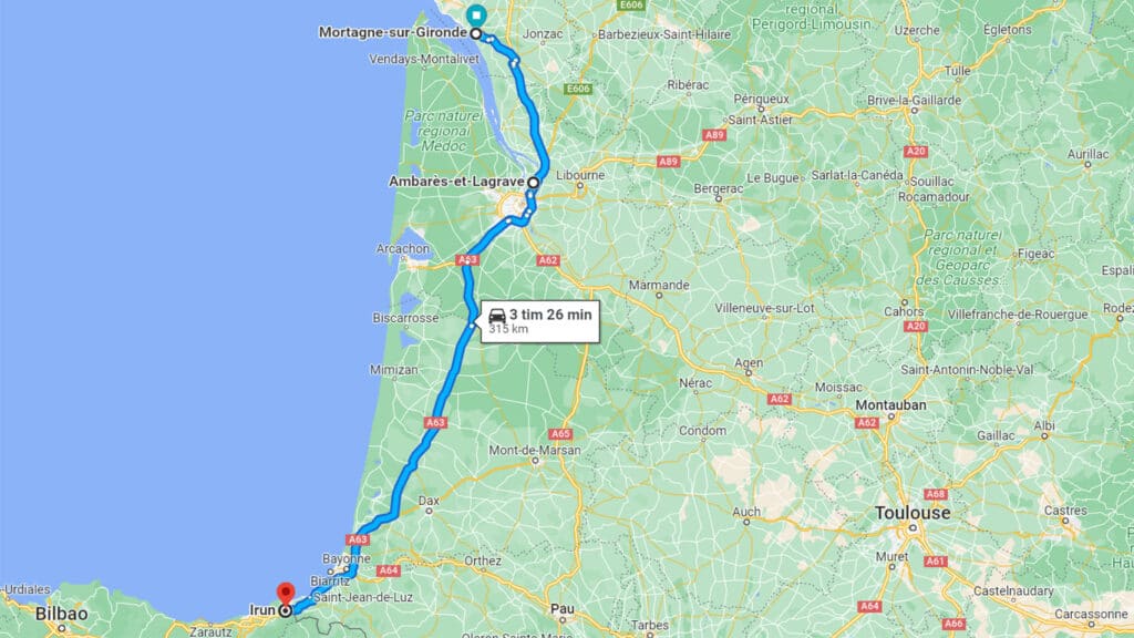 Karta över vår resväg Frankrike-Spanien