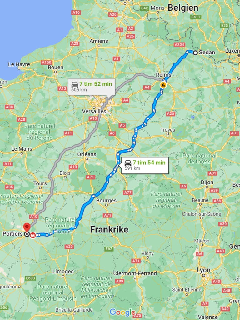 Karta Frankrike, resväg Sedan till Poitiers